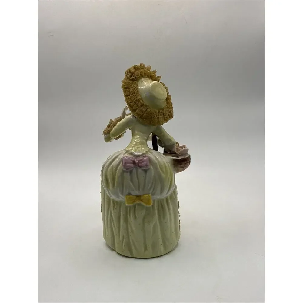Vintage Porcelain Lace Lady Figurine 6” Victorian Woman Yellow Dress Bonnet *